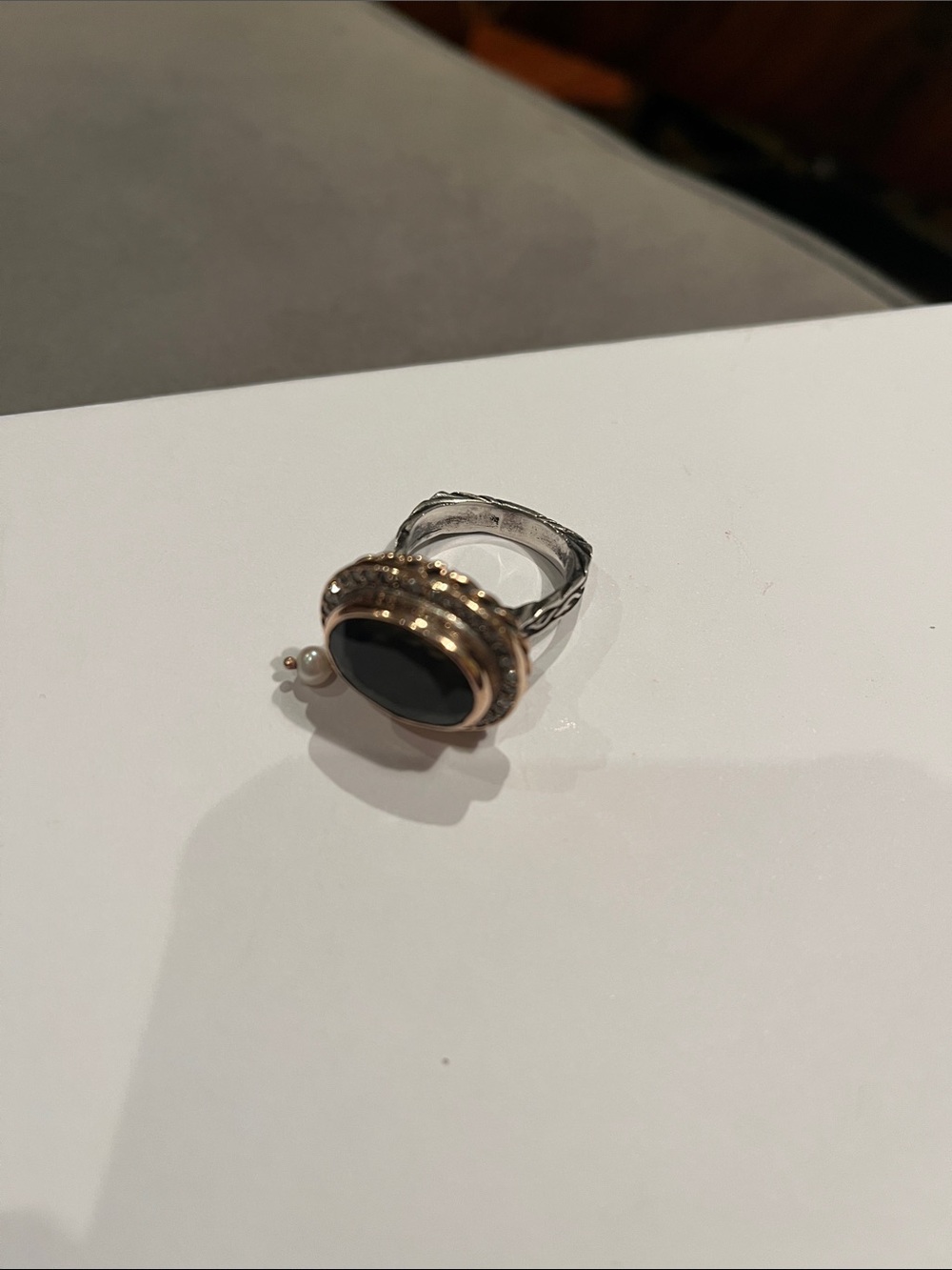 Elegant dark topaz and pearl accent cocktail ring. Beautiful detail.